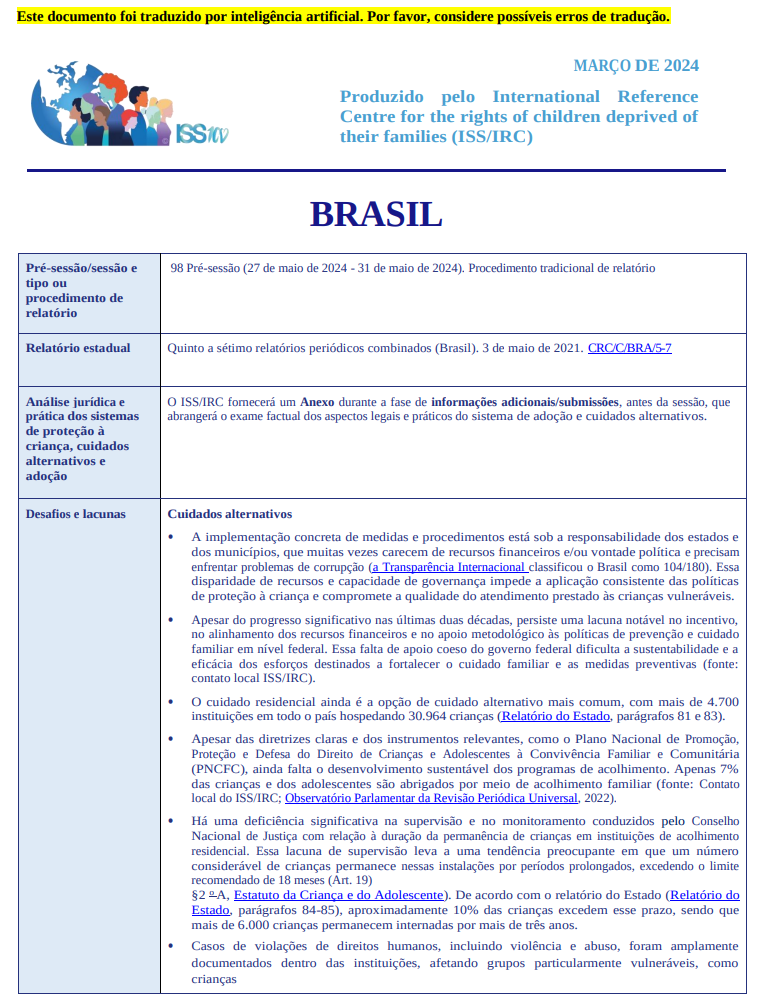 Relatório Alternativo 98 Pré Sessão Análise jurídica e prática dos sistemas de proteção à criança, cuidados alternativos e adoção_ISS IRC.pdf