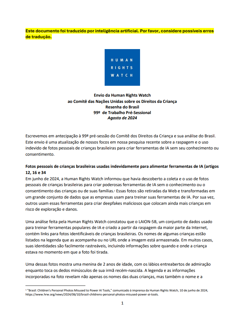 Relatório Alternativo Uso indevido de fotos de crianças brasileiras para criar ferramentas de IA sem seu conhecimento ou consentimento_Human Rights Watch.pdf