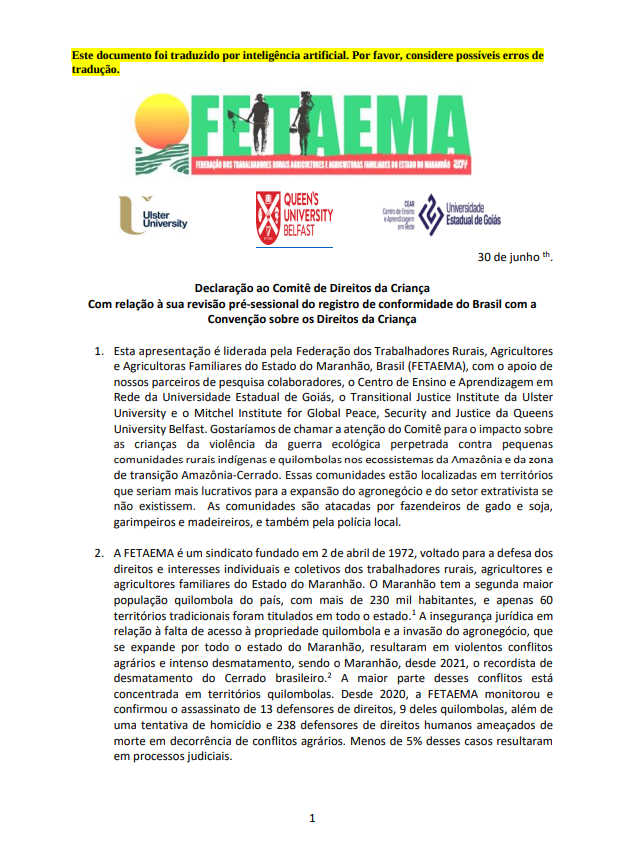 Relatório Impacto sobre as crianças da violência da guerra ecológica FEATAEMA_CEAR Universidade Estadual de Goiás_Ulster University_Queens University Belfast